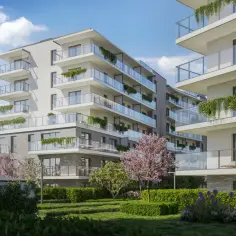 Nowoczesne apartamentowce z balkonami i zielenią, w otoczeniu ogrodu.